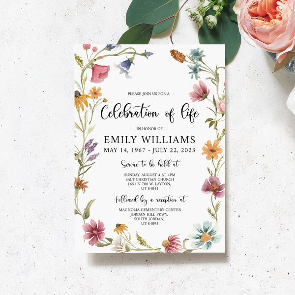 Celebration of life Invitation Garden Flower Funeral Invitation Wildflower Funeral Announcement Meadow Wildflower Memorial Service Invite W2