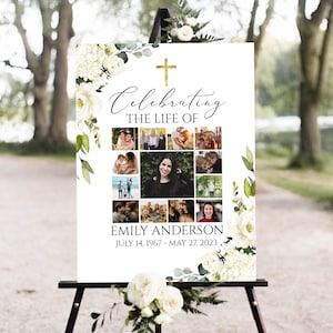 Celebration Of Life Multiple Photos Funeral Welcome Sign, Editable White Greenery Collage Funeral Poster, Gold Cross Photo Memorial Sign