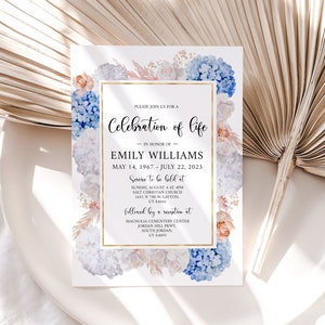May include: A white card with gold trim and floral border. The card is an invitation to a Celebration of Life for Emily Williams, May 14, 1967 - July 22, 2023. The service will be held at Salt Christian Church, 1451 N 700 W, Layton, UT 84041, followed by a reception at Magnolia Cemetery Center, Jordan Hill Pkwy, South Jordan, UT 84095.