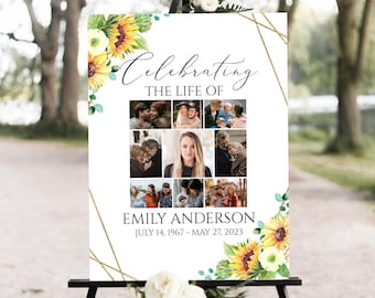 Celebration Of Life Welcome Sign, Sunflower Funeral Welcome Sign, Obituary sign Sunflower Photo Collage Funeral Poster Memorial Service Sign