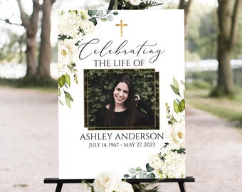 Celebration Of Life Sign, White Greenery Funeral Welcome Sign, Editable In Loving Memory Sign, Gold Cross Memorial Sign, Memorial Poster