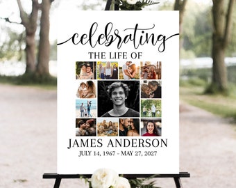May include: A black and white photo collage memorial sign with the text "celebrating the life of James Anderson July 14, 1967 - May 27, 2027" displayed on an easel.