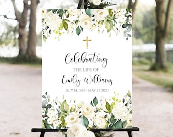Celebration Of Life Sign, White Greenery Funeral Welcome Sign, Editable In Loving Memory Sign, Gold Cross Memorial Sign, Memorial Poster