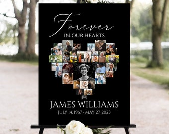 Celebration Of Life Heart Funeral Welcome Sign, Black Heart Funeral Photo Collage Poster, Black Memorial Sign, Forever in our Hearts, B3