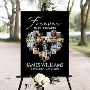 Celebration Of Life Heart Funeral Welcome Sign, Black Heart Funeral Photo Collage Poster, Black Memorial Sign, Forever in our Hearts, B3