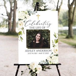 Celebration Of Life Sign, White Greenery Funeral Welcome Sign, Editable In Loving Memory Sign, Gold Cross Memorial Sign, Memorial Poster