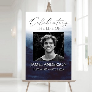 Celebration Of Life Blue Watercolor Funeral Welcome Sign, Ocean Funeral Welcome Sign, In Loving Memory Welcome Sign, Obituary Memorial Sign
