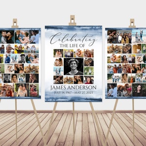 Cartello di benvenuto per funerale con collage di foto blu ad acquerello &quot;Celebrazione della vita&quot;, cartello commemorativo con foto blu, set di poster per funerali blu B4