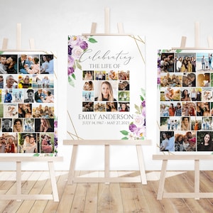 Celebration Of Life Funeral Poster, Editable Purple Photo Collage Funeral Sign, Photo Memorial Sign, Funeral Poster Photo Display Set P1