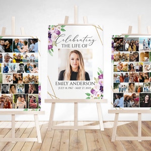 Celebration Of Life Funeral Poster Purple Photo Collage Funeral Welcome Sign Photo Memorial Sign Purple Funeral Poster Photo Display Set  P1