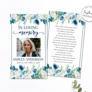 Editable Funeral Prayer Card Template, Printable Memorial Prayer Card Template, Blue White Floral Funeral Prayer Card, Catholic Mass Card B1