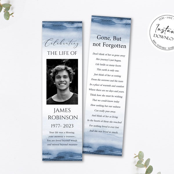Celebration of Life Bookmark Blue Watercolor Funeral Bookmark Template Funeral Keepsake Card Boy Memorial Bookmark Blue Obituary Bookmark B4