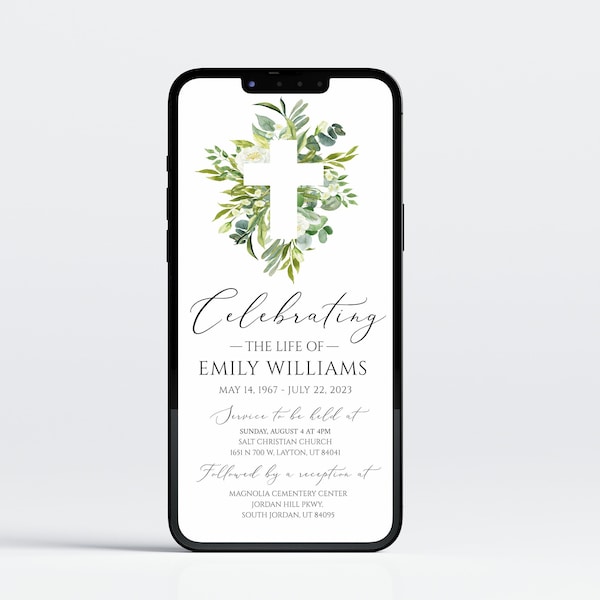 Celebration of life Invitation, Greenery Cross Digital Funeral Invitation Greenery Cross Electronic Funeral Invite Memorial Service Evite GC