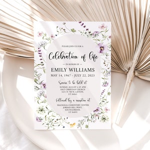Faire-part célébration de la vie, faire-part pour les funérailles de fleurs de jardin, faire-part pour les funérailles de fleurs sauvages, invitation pour un service commémoratif de fleurs sauvages, prairie