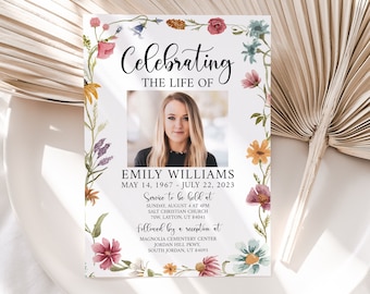 Celebration of life Invitation Wildflower Funeral Invitation Garden Flower Funeral Announcement Meadow Wildflower Memorial Service Invite W2