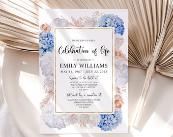 Celebration of life Blush Roses Funeral Invitation Template, White Blue Hydrangea Funeral Announcement, Printable Memorial Service Invite O1