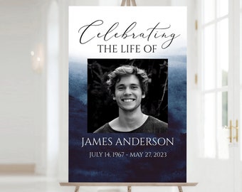 Celebration Of Life Blue Watercolor Funeral Welcome Sign, Ocean Funeral Welcome Sign, In Loving Memory Welcome Sign, Obituary Memorial Sign