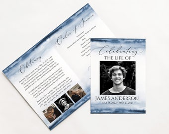 11x17 Blue Watercolor Funeral Program Celebration of Life Program Blue Memorial Program Brochure Funeral Program Template for man  B4