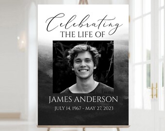 Op de afbeelding: Zwart-wit fotoherdenkingsposter met een witte achtergrond en zwarte tekst. De poster zegt "Celebrating the Life of James Anderson July 14, 1967 - May 27, 2023".