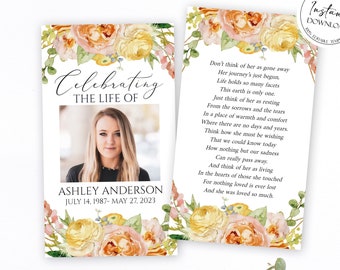 Editable Funeral Prayer Card Template, Printable Memorial Prayer Card, Elegant Floral Funeral Prayer Card, Catholic Mass Card, Obituary Card