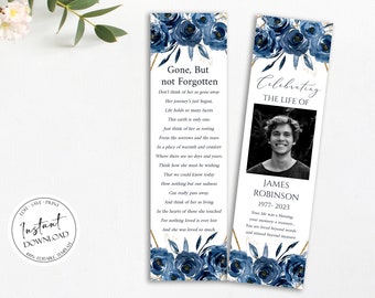 Puede incluir: Un marcapáginas floral azul y dorado con un poema sobre recordar a un ser querido. El marcapáginas también presenta una foto de un joven y el texto "Celebrando la vida de James Robinson 1977-2023".