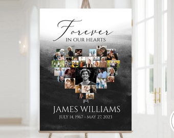 Celebration Of Life Black Watercolor Heart Funeral Welcome Sign, Editable Black Heart Funeral Poster, Memorial Sign Forever in our Hearts