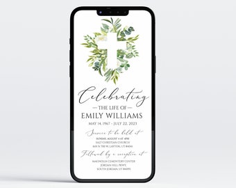 May include: A white cross surrounded by a wreath of green leaves and white flowers. The text "Celebrating - The Life of - Emily Williams May 14, 1967 - July 22, 2023 Service to be held at Sunday, August 4 at 4pm Salt Christian Church 85 N 700 W Layton, UT 84041 Followed by a reception at Magnolia Cemetery Center Jordan Hill Pkwy. South Jordan, UT 84095" is printed below the wreath.
