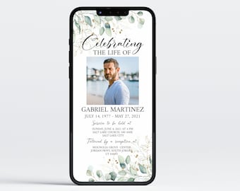 Greenery Gold Digital Funeral Invitation, Electronic Funeral Invite, Greenery Memorial Service Evite Greenery Gold Funeral Evite Template G1