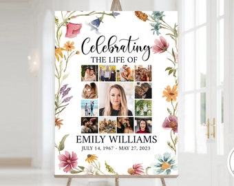 Celebration Of Life Photo Collage Funeral Welcome Sign Wildflower Photo Collage Funeral Poster Meadow Photo Collage Memorial Service Sign W2