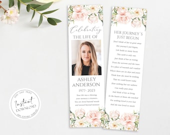 Pink Roses Funeral Bookmark Template, Blush Funeral Bookmark, Funeral Keepsake Cards, Memorial Bookmark, Obituary Bookmark Keepsake Cards P4