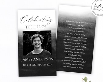 Editable Black Watercolor Funeral Prayer Card, Printable Memorial Prayer Card Template, Black Prayer Card, Celebration of life Prayer Card
