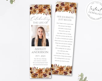 Fall Funeral Bookmark, Autumn Funeral Keepsake Cards, Dried Leaves Memorial Bookmark, Obituary Bookmark Celebration of Life Bookmark F3