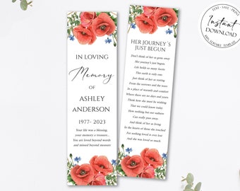 Red Poppies Funeral Bookmark Template, Red Poppy Funeral Keepsake Cards, Red Memorial Bookmark, Obituary Bookmark Red Poppies Funeral Favors