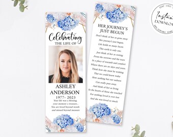 Celebration of Life Blush Roses White Blue Hydrangea Funeral Bookmark, Funeral Keepsake Cards, Dusty Blue Hydrangea Memorial Bookmark O1