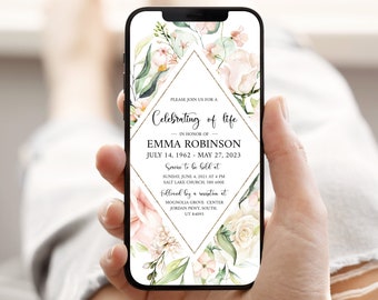 Puede incluir: Una invitación digital con un diseño floral en tonos rosa y verde. La invitación dice "Celebrating of life" en honor a Emma Robinson, 14 de julio de 1962 - 27 de mayo de 2023. La invitación incluye detalles para un servicio y una recepción.