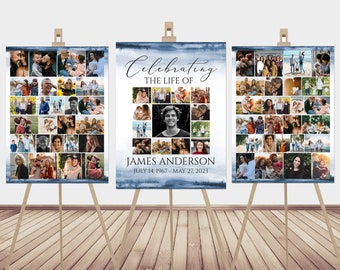 May include: Three photo collage posters on easels, each with a blue watercolor background. The center poster features a photo collage of a man with the text "Celebrating the Life of James Anderson July 14, 1967 - May 27, 2023".