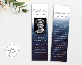 Puede incluir: Dos plantillas de marcapáginas de acuarela azul y blanca con el texto "Celebrating the Life of James Anderson 1977-2023" y "Her Journey's Just Begun". El marcapáginas izquierdo tiene una foto de un joven. El marcapáginas derecho tiene un poema sobre la vida y la muerte.