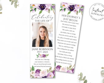 Floral Purple Funeral Bookmark Template, Funeral Bookmark, Funeral Keepsake Cards, Memorial Bookmark, Obituary Bookmark, Keepsake Cards P1