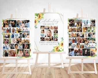 Celebration Of Life Funeral Poster, Editable Sunflower Photo Collage Funeral Sign, Photo Memorial Sign, Funeral Poster Photo Display Set