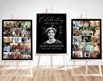 Könnte beinhalten: Drei schwarz-weiße Foto-Collagen-Poster auf Staffeleien. Das mittlere Poster zeigt ein großes Foto eines Mannes mit dem Text "Celebrating the Life of James Anderson July 14, 1967 - May 27, 2023". Die Poster stehen auf einem Holzboden.