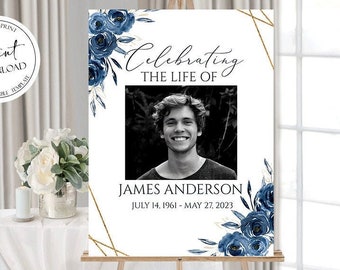 Celebration Of Life Sign, Royal Blue Funeral Welcome Sign, In Loving Memory Sign, Royal Blue Floral Memorial Sign, Funeral Welcome Sign B2