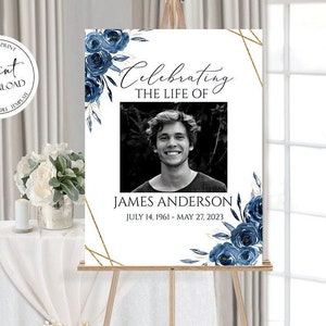 Celebration Of Life Sign, Royal Blue Funeral Welcome Sign, In Loving Memory Sign, Royal Blue Floral Memorial Sign, Funeral Welcome Sign B2