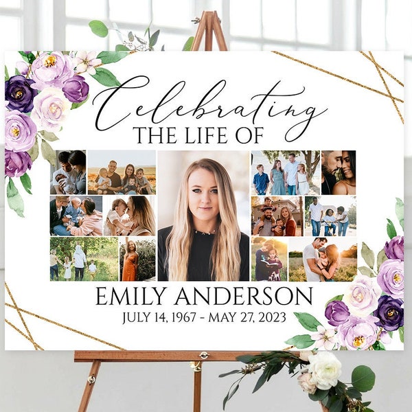 Celebration Of Life Multiple Photos Funeral Welcome Sign Editable Purple Photo Collage Funeral Poster Photo Collage Memorial Service Sign P1