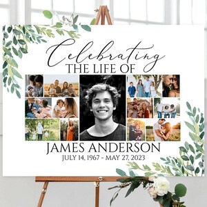 Celebration Of Life Multiple Photos Funeral Welcome Sign, Editable Greenery Photo Collage Funeral Poster, Collage Memorial Service Sign G2