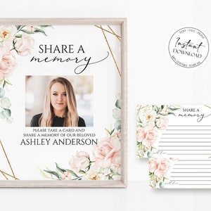 Share a Memory Funeral Sign Share a Memory Cards, Pink Roses Funeral Memory Cards, Editable Blush Funeral Share a Memory, Memorial Sign P4