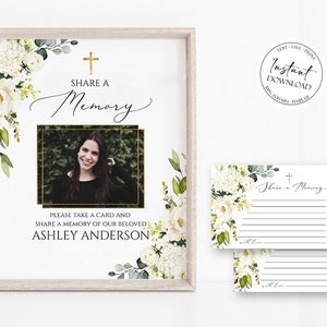 Share a memory, Share a Memory Sign, Share a Memory Cards, White Greenery Floral Memory Card, Editable Gold Cross Funeral share a memory