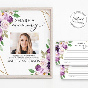 Compartir un signo de funeral de memoria, compartir una tarjeta de memoria, tarjeta de memoria de funeral púrpura, funeral editable compartir una plantilla de memoria, plantilla de funeral P1
