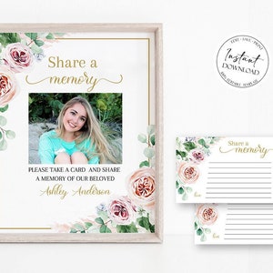 May include: A printable sign with a floral design and a photo of a woman. The sign says "Share a memory" and "Please take a card and share a memory of our beloved Ashley Anderson".