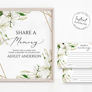White Lilies Share a Memory Funeral Sign Share a Memory Cards, Funeral Memory Cards, Editable White Lilies Funeral share a Memory Template