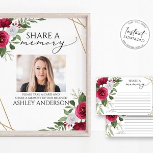 Share a Memory Funeral Sign, Share a Memory Card, White Pink Roses Funeral Memory Cards, Editable Funeral Share a Memory Cards Template P2